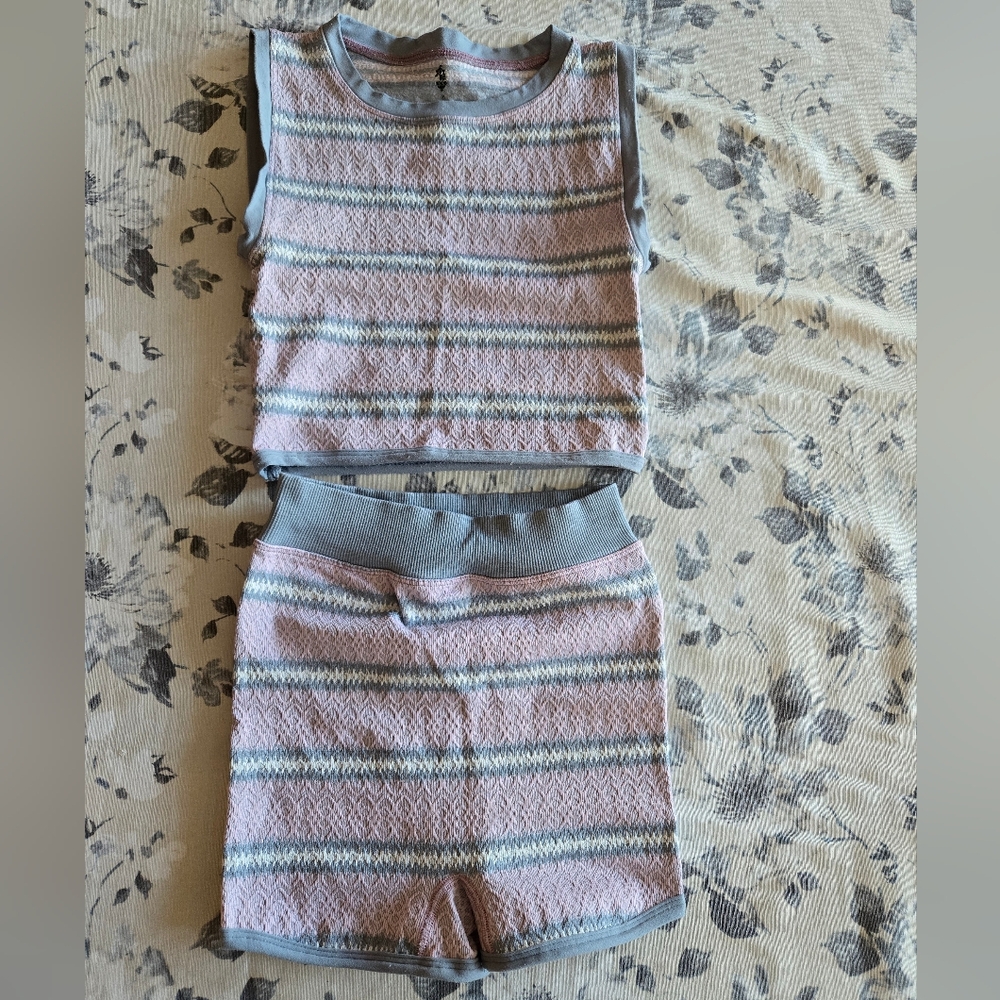 Free People Movement Pink and Gray Striped Knit Set